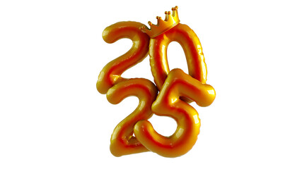 Inflated orange 2025 gold foil balloons isolated on transparent background, two thousand twenty-five
