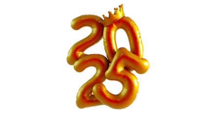Inflated orange 2025 gold foil balloons isolated on transparent background, two thousand twenty-five