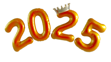 Inflated orange 2025 gold foil balloons isolated on transparent background, two thousand twenty-five