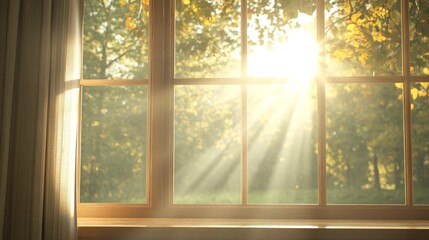 Naklejka premium A window with reflections of trees and sunlight dancing on the glass, subtle light patterns creating a lively interior atmosphere, Photorealistic