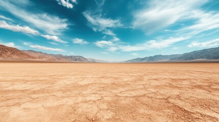 Fototapeta premium An expansive view of a dry desert plain under a dramatic sky filled with swirling clouds, conveying vastness and natural grandeur while showcasing nature's raw beauty.