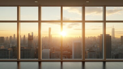 Fototapeta premium A high-rise window overlooking a sparkling cityscape, the sun setting behind distant skyscrapers, creating a dramatic light play on the glass, Photorealistic