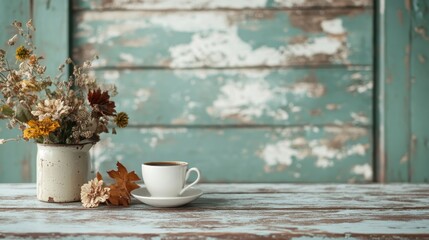 A charming cup of coffee alongside a rustic pot of autumn foliage, set against a weathered wooden backdrop, evokes a sense of nostalgia and warmth.