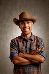 Close up studio portrait of a cowboy standing with crossed hands isolated against light grunge background. Photo of a handsome smiling happy guy wearing brown hat.