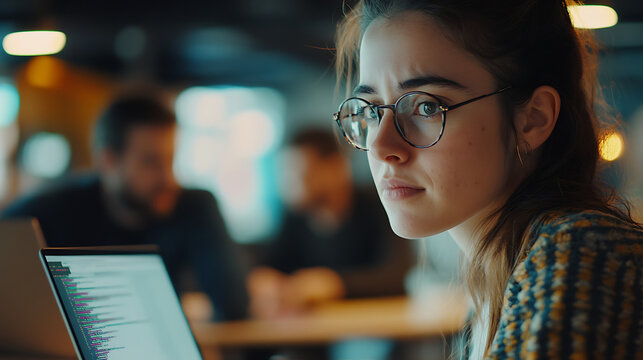 A woman programmer typing code on a laptop with a serious expression, while her colleagues discuss nearby 