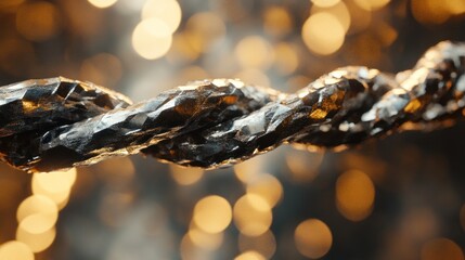 Twisted metallic rope with a blurred background.