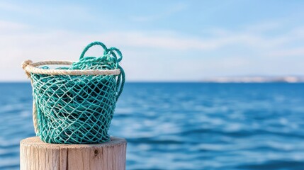 Vibrant Blue Ocean Background with a Teal Fishing Net on a Wooden Pier Evoking Coastal Serenity and Maritime Lifestyle in a Beautiful Seascape