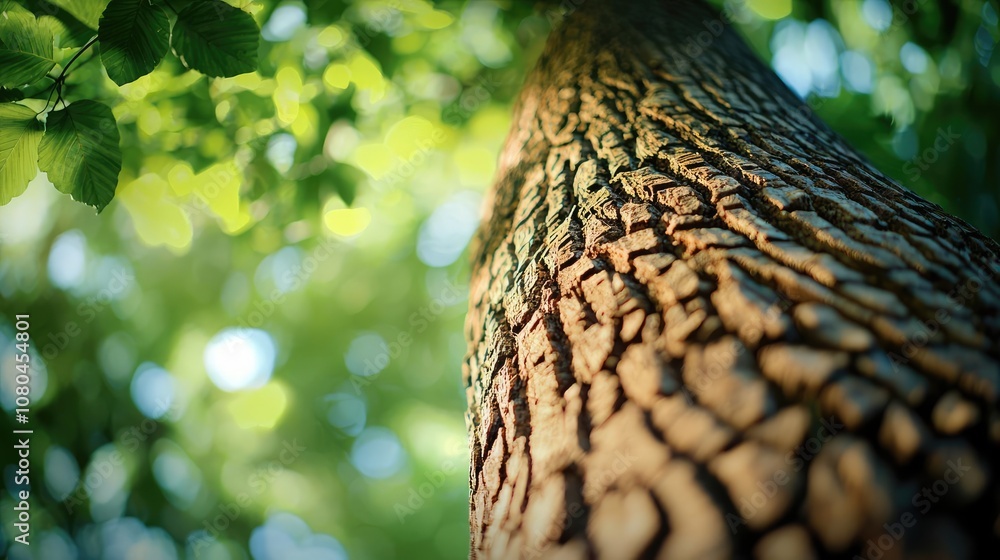 Poster Close-up of a tree trunk with intricate bark patterns and vibrant green leaves.