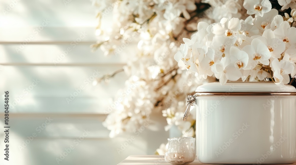 Poster an arrangement of white orchids paired with a minimalistic white container, set in an elegantly soft