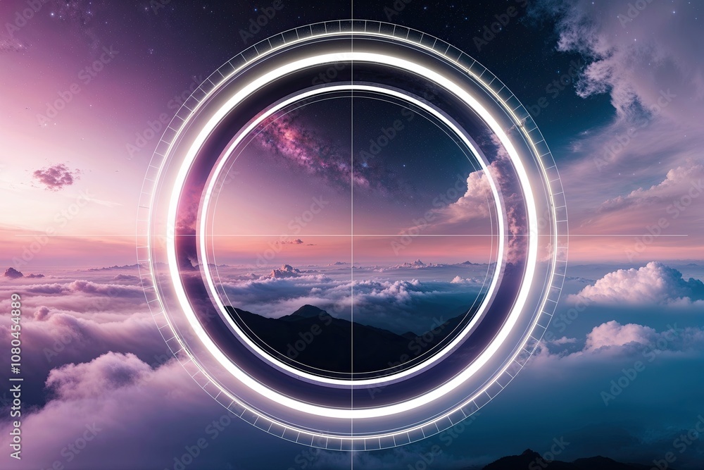 Poster stunning cosmic landscape with soft clouds and radiant circular frame in multi-layered geometric sty