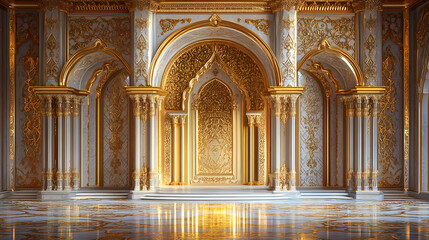 Obraz premium 3d rendering of a opulent moorish style palace interior with golden walls and intricate patterns. moorish palace. illustration. Opulent. Illustration