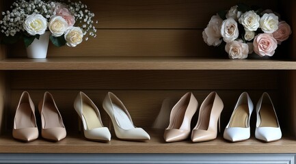 A shelf with six pairs of high heels in white and beige shades, arranged neatly, with a bouquet of flowers on each end.