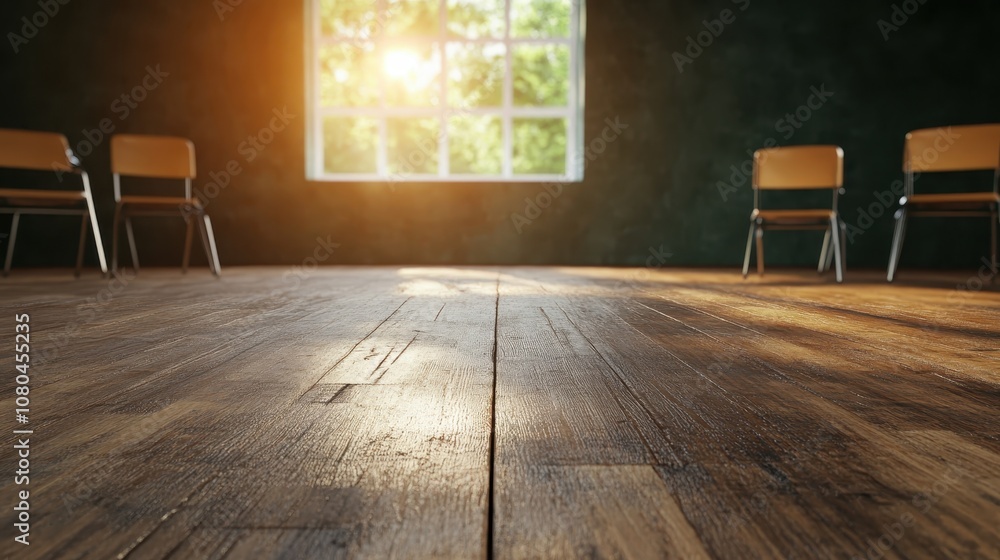 Poster a quiet classroom with sunlight streaming through a window, illuminating wooden floors and spaced ch