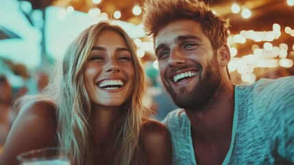 A joyful couple surrounded by sunny and warm ambiance outdoors, capturing their happy smiles and warmth during a cheerful, casual outing in a scenic setting.