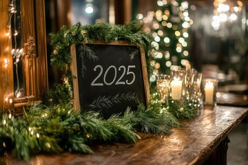 Elegant table arrangement for welcoming the New Year 2025 with greenery and glowing candles in a festive setting