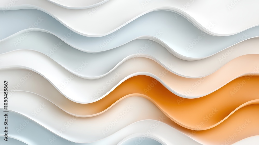 Poster modern abstract design featuring a series of flowing curves in cream, gray, and orange shades, creat