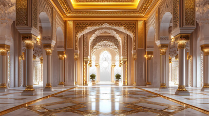 Obraz premium 3d rendering of a opulent moorish style palace interior with golden walls and intricate patterns. moorish palace. illustration. Opulent. Illustration