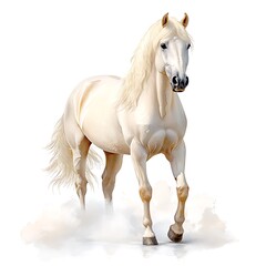 The illustration features a majestic white horse standing tall on a white background, exuding a sense of grace and elegance