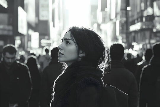 Woman facing panic in a busy city, capturing solitude amidst a crowd --ar 3:2 -