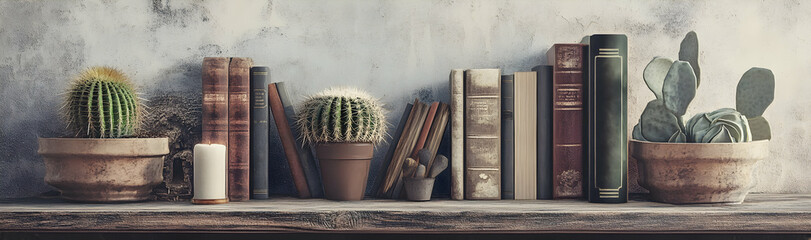 Wooden shelf with books and cactus, vintage effect  -