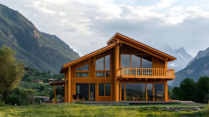 Wooden Frame House Construction a?" Partially constructed wooden frame house near mountains, emphasizing eco-friendly building methods -