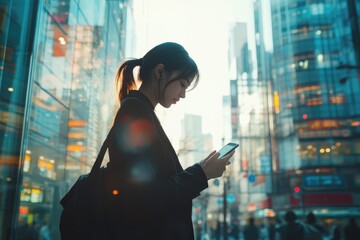 Businesswoman using smartphone in a modern city center