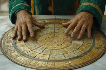 Astrologer reading zodiac sign on golden astrolabe