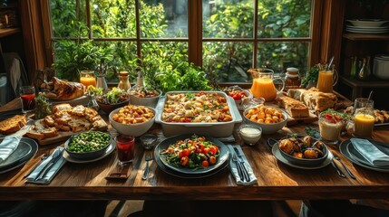 A vibrant brunch spread featuring various dishes and drinks.