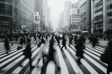 Crowd of blurred people walking on pedestrian crossing in black and white