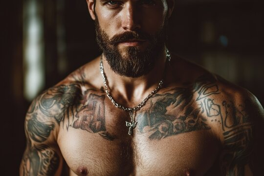Muscular man showing tattoos and beard posing indoors
