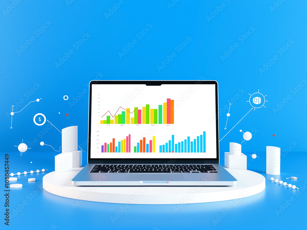 Poster laptop displaying colorful bar graphs and data analytics against a vibrant blue background