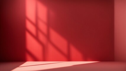Light on wall. Minimalistic background. Wallpaper. Overlay mockup effect. Clean and minimalistic aesthetic. Natural lights effect. Shadow drop and rays of light on red wall.