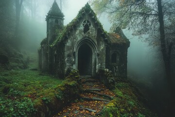 Fototapeta premium Mossy chapel emerging from fog in mystical forest