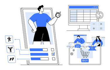 Person interacting with fitness tracking app, financial calculations on desktop, and online shopping. Ideal for health, finance, e-commerce, digital habits, technology, mobile apps consumer