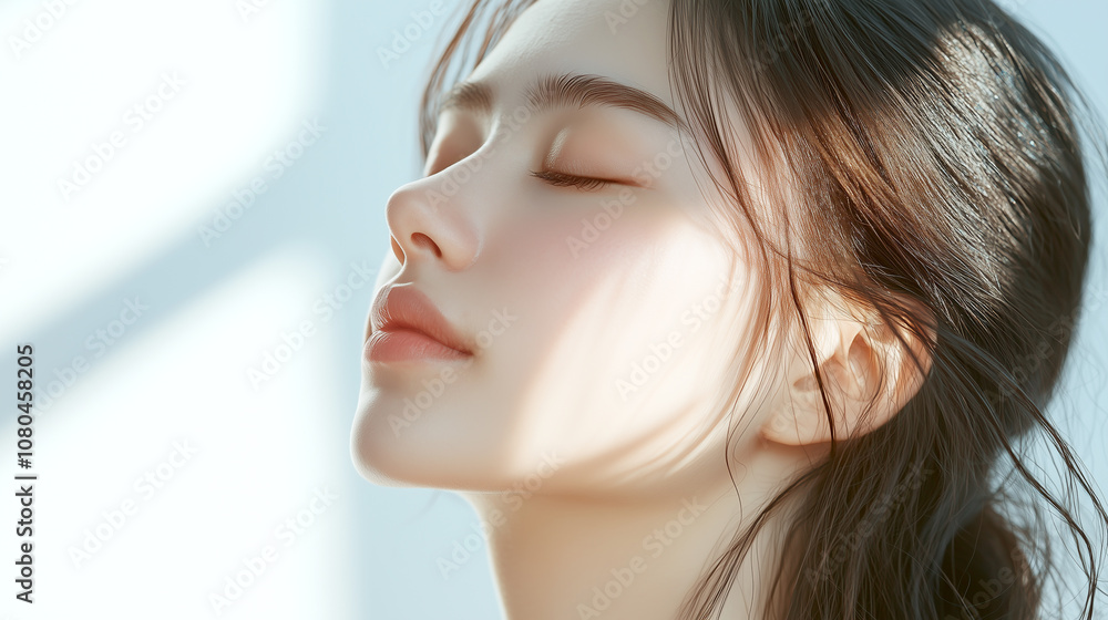 Poster 若い綺麗なアジア人女性モデルの横顔。日差しを浴びて輝いている美肌にフォーカスした美容ポートレート。