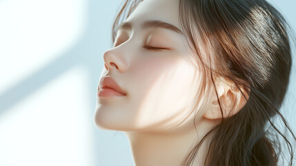 若い綺麗なアジア人女性モデルの横顔。日差しを浴びて輝いている美肌にフォーカスした美容ポートレート。