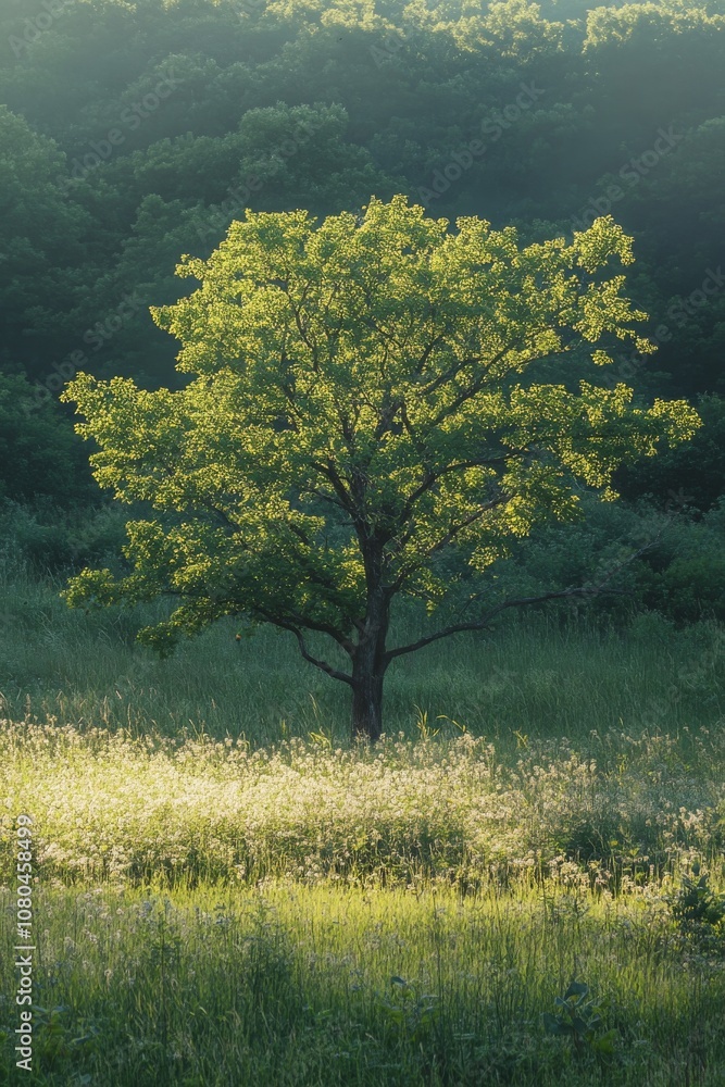 Poster a tree is in the middle of a field. the grass is green and the tree is tall