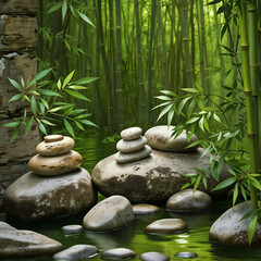 Zen garden with bamboo and smooth river stones, promoting relaxation and balance, ideal for spa or wellness themes. Generative AI