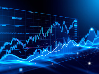 Digital financial graph showcasing market trends and data analysis with fluctuating statistics in a futuristic blue light