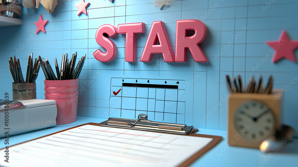 Poster 3d illustration of star interview checklist with situation task action result concept