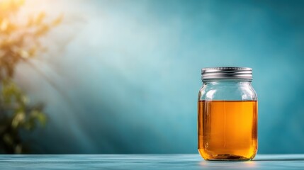 A glass jar filled with golden honey and sealed with a metallic cap placed on a surface against a vibrant blue background with morning sunlight peeking through.