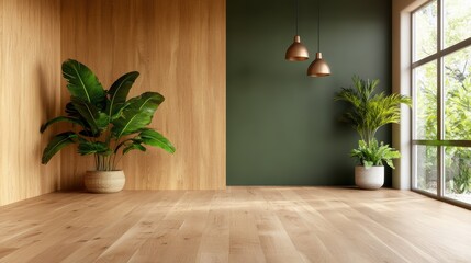 An inviting interior design showcasing natural wood elements and green plant accents, enhanced by large windows offering plenty of natural light and a serene atmosphere.