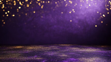 Abstract gold and luxury purple sparkling bokeh wall and floor background in studio setting, elegant holiday backdrop for product display, festive new year celebration atmosphere
