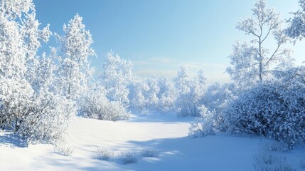 Obraz premium A peaceful winter scene featuring snow-laden trees and a bright blue sky, capturing the beauty of a tranquil forest in winter.