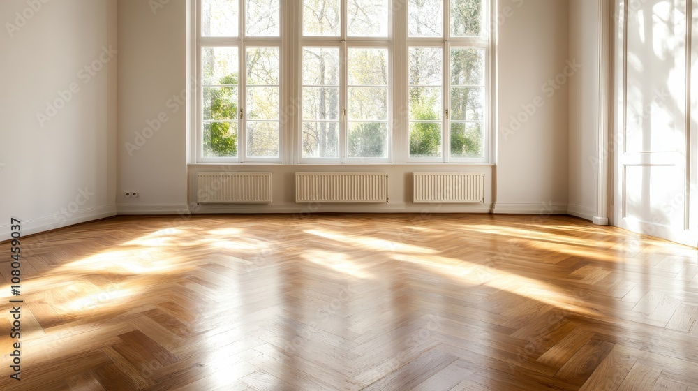 Poster an empty room features large bright windows and a herringbone patterned wooden floor, with sunlight 