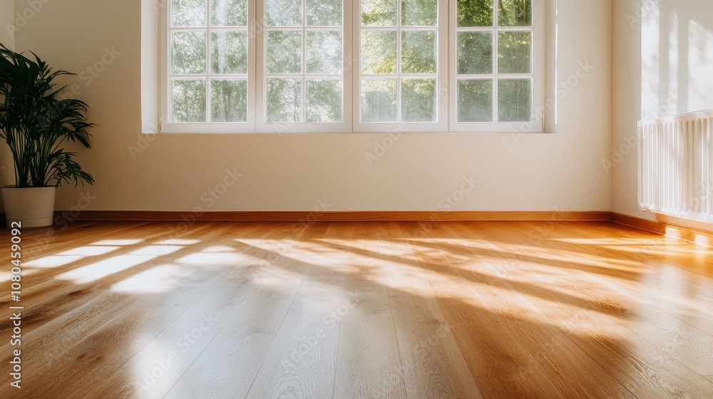 Poster a spacious empty room with warm sunlight streaming through a large window, highlighting the polished