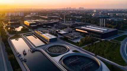 Aerial view of a modern industrial facility with multiple large buildings, storage tanks, and water treatment structures at sunset in an urban area.
