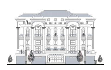 Facade of 4 storeys symmetrical modern classic building with 5 doors, 12 windows, balustrade, frame, 6 columns, decoration, stair, canopy, crown, triangular roof, garage, and its elements design.