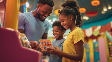 family holding theme park tickets at a vibrant entrance gate