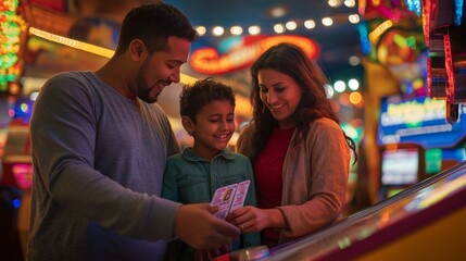 family holding theme park tickets at a vibrant entrance gate